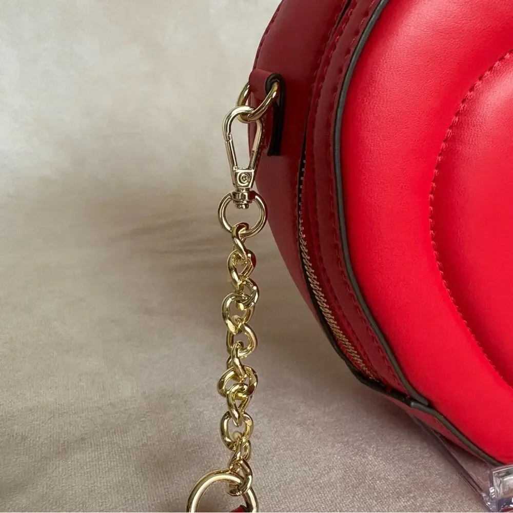 Nanette Lepore Cupid Heart Shaped Red Crossbody Bag Top Handle Purse Gold Chain